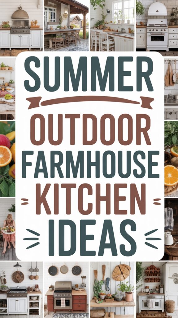 Collage displaying summer outdoor farmhouse kitchen elements and decor with fruits and kitchen tools.