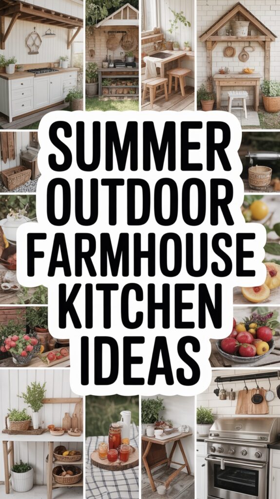 Collage of summer outdoor farmhouse kitchen ideas with rustic decor, wooden furniture, fruits, and leafy plants.