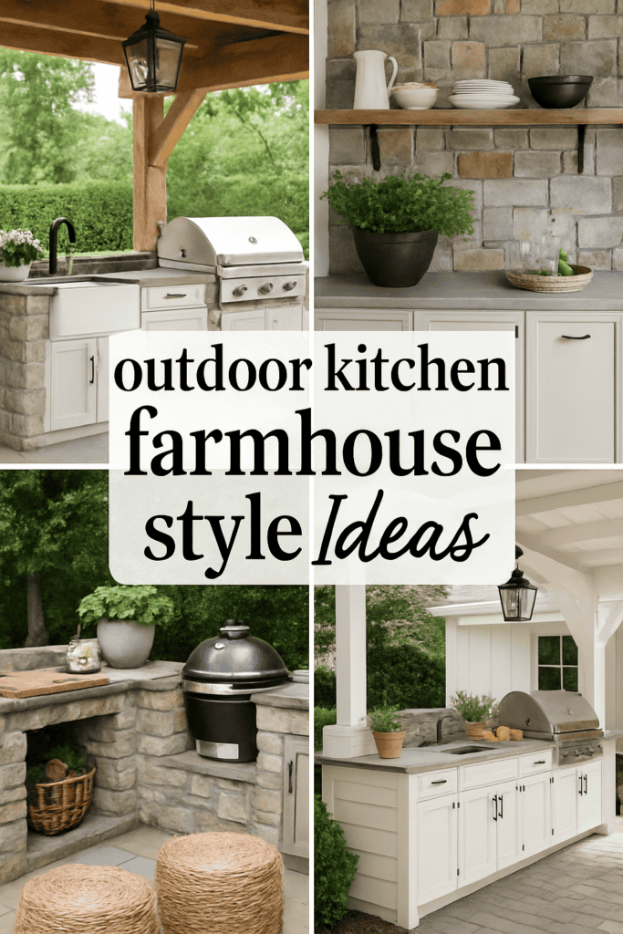 Collage of farmhouse-style outdoor kitchens with stone elements, rustic cabinets, and greenery accents.