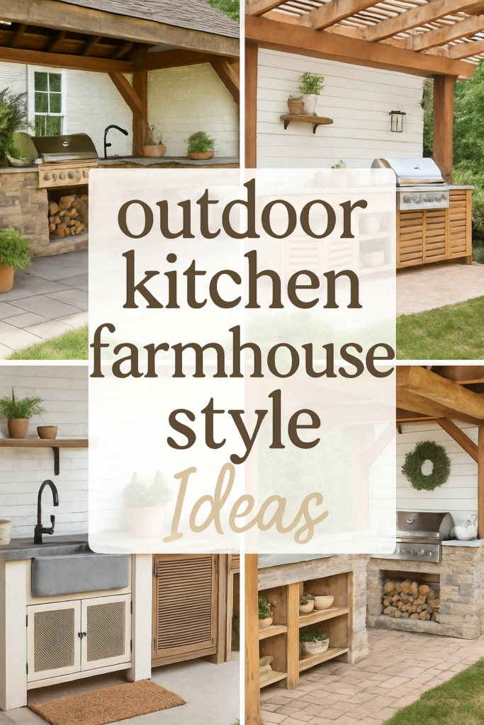 Collage of farmhouse-style outdoor kitchens with wooden pergolas, stone details, and built-in grills.