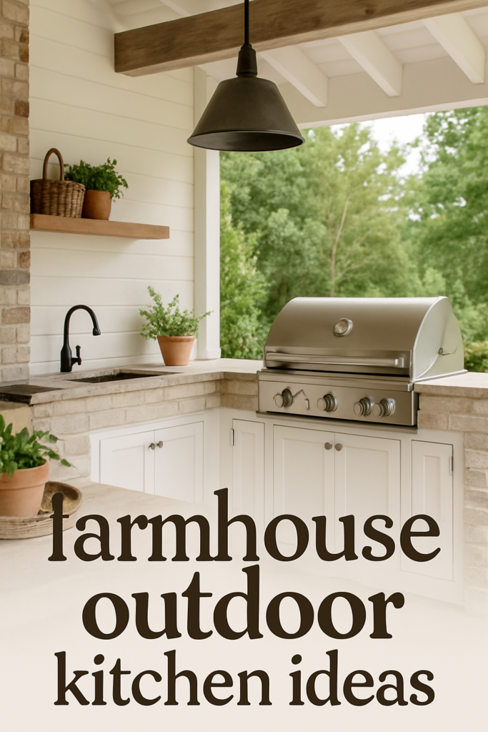 Outdoor kitchen with a farmhouse style featuring a grill, sink, potted plants, and rustic decor.