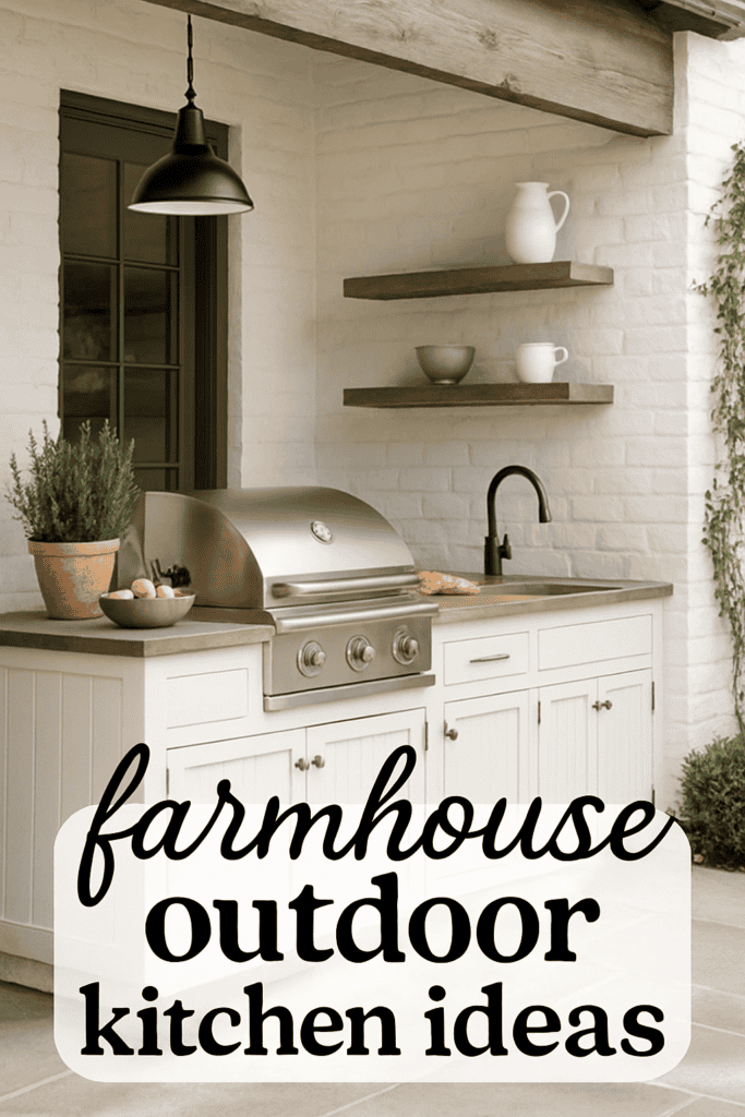 Outdoor kitchen with a rustic design, featuring white brick walls, a stainless steel grill, and wooden shelves with decor.