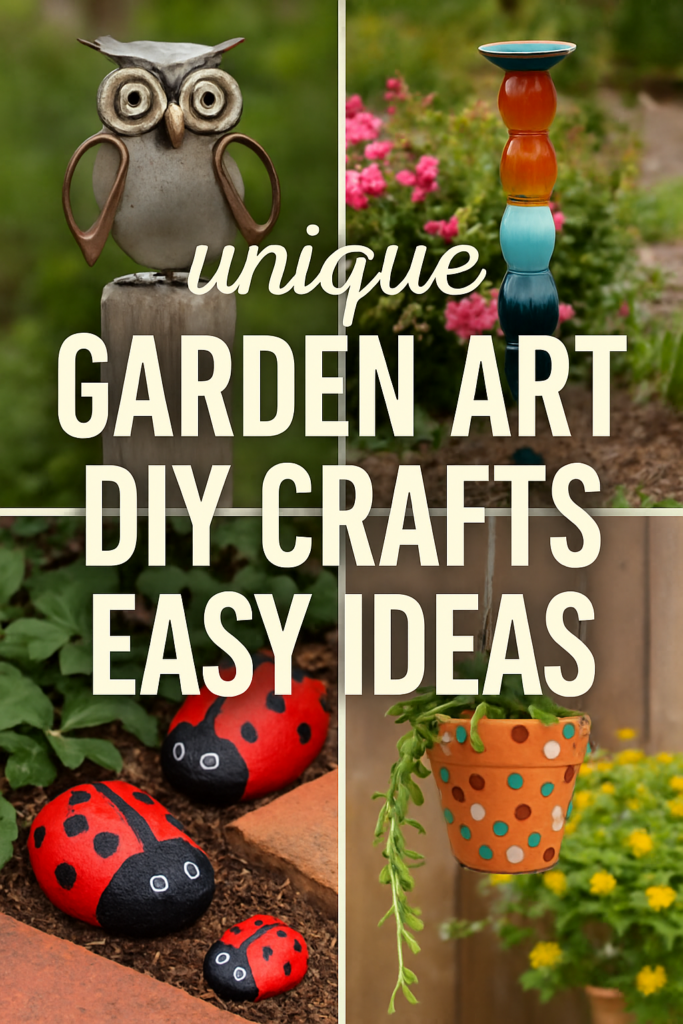 Collage of garden crafts including an owl, colorful sculpture, painted ladybugs, and a hanging pot with the words "unique garden art DIY crafts easy ideas."