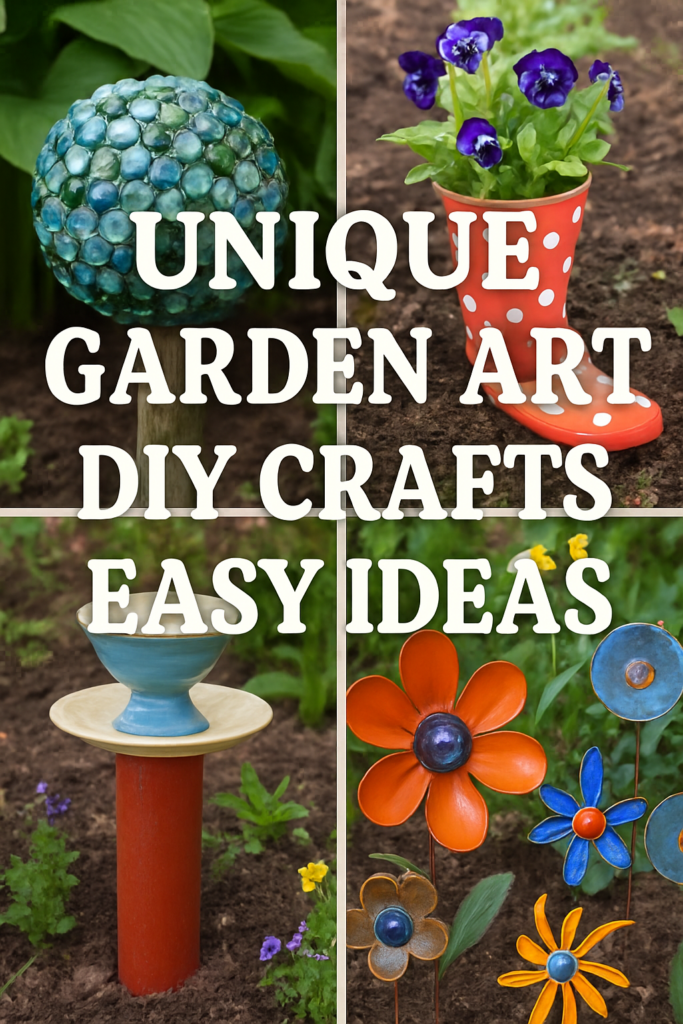 Collage of colorful garden art, including a mosaic globe, a polka dot boot with flowers, and vibrant metal flowers, with the text "Unique Garden Art DIY Crafts Easy Ideas."