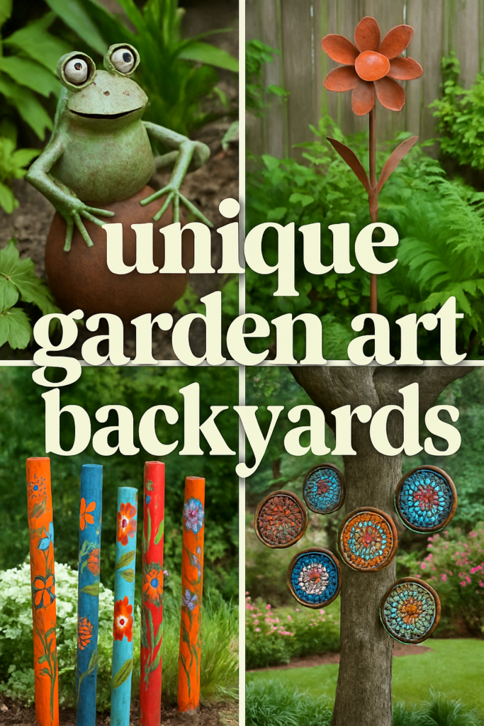 Collage of garden art, including a frog sculpture, a flower sculpture, painted poles, and decorative plates on a tree.