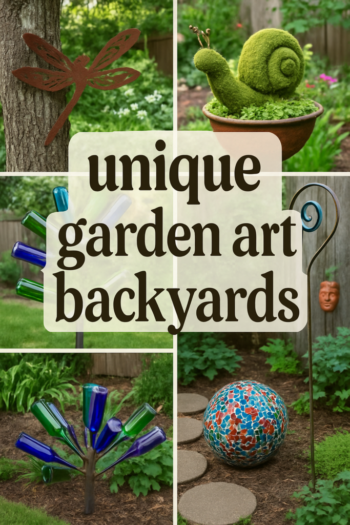Decorative garden elements including a metal dragonfly, moss snail, bottle tree, mosaic sphere, and a face on a pole.