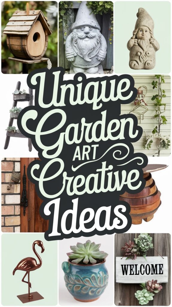 Collage of garden decor items, including gnomes, a birdhouse, a flamingo, and a "Welcome" sign with succulents.