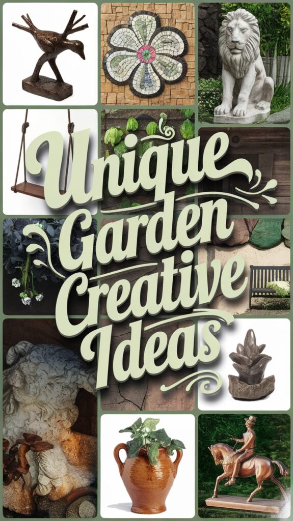 Collage of garden decor featuring statues, a swing, flower mosaic, and a pot, with the text "Unique Garden Creative Ideas."