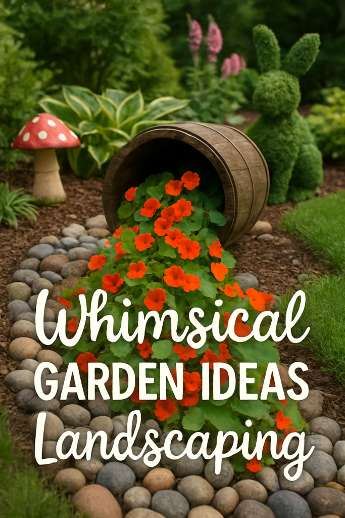 A tipped-over barrel with vibrant flowers spilling out, surrounded by garden decor including a mushroom and topiary rabbit.