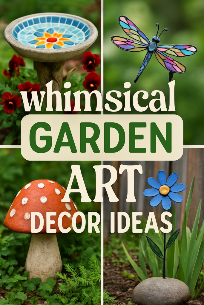 Collage of whimsical garden art featuring a birdbath, dragonfly, mushroom, and flower alongside the text "Whimsical Garden Art Decor Ideas."