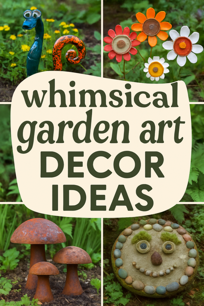 Collage of whimsical garden art, including a blue seahorse, colorful flowers, mushrooms, and a stone face, with text "whimsical garden art decor ideas."