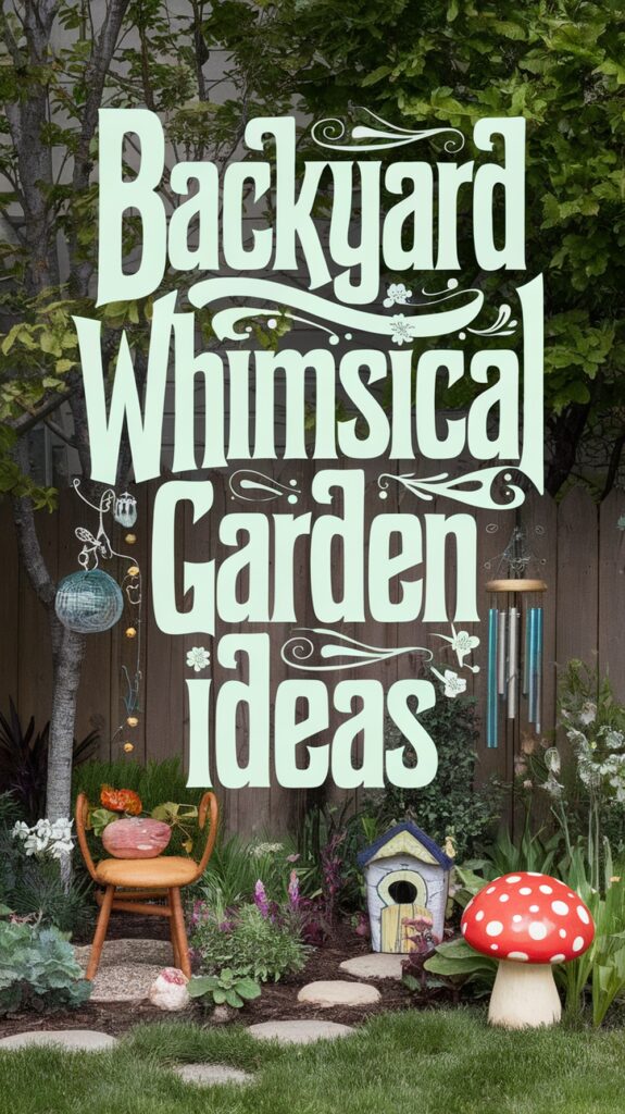 Decorative text reads "Backyard Whimsical Garden Ideas" over a garden with playful ornaments like a toadstool seat and birdhouse.