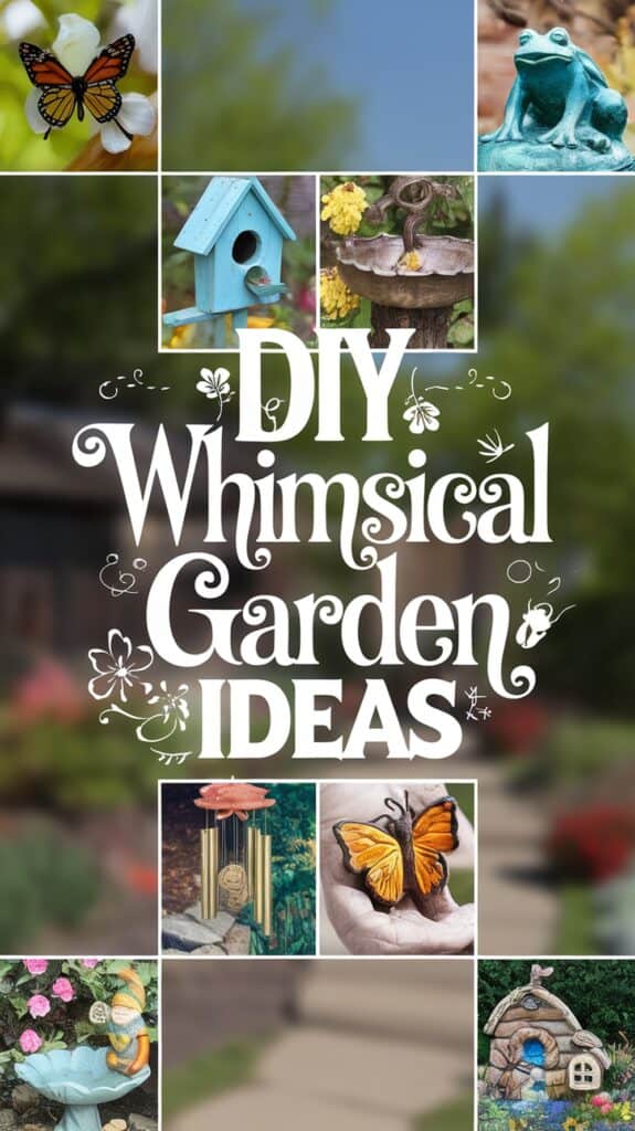 Collage of garden decorations with text "DIY Whimsical Garden Ideas," featuring butterflies, a birdhouse, and decorative elements.