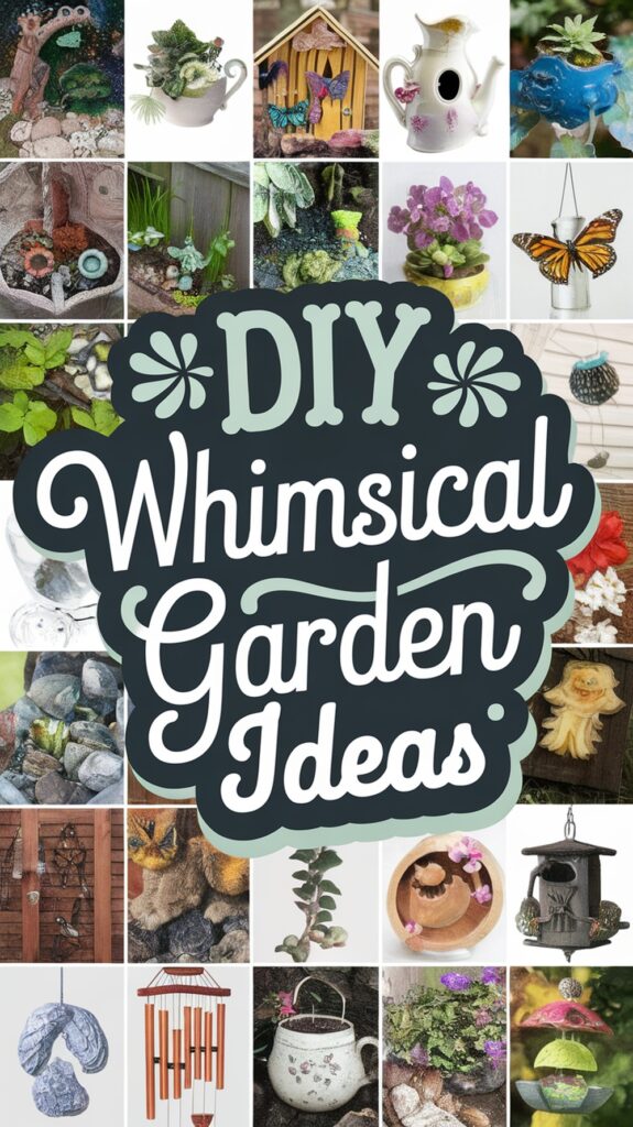 Collage of DIY whimsical garden decorations, including fairy houses, teapots, sculptures, and wind chimes.