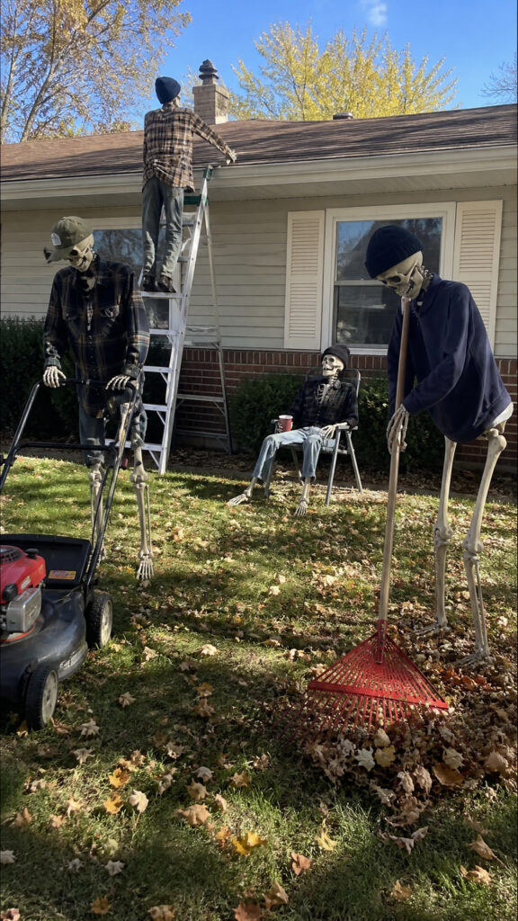 Skeleton Doing Yard Work Scene