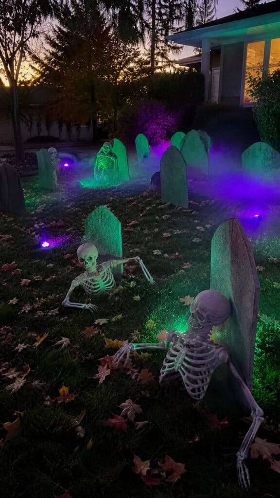 Graveyard Scene with Tombstones and Skeletons