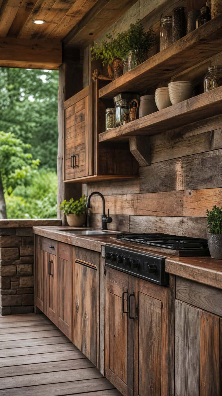 Reclaimed Wood Cabinets with Open Shelving