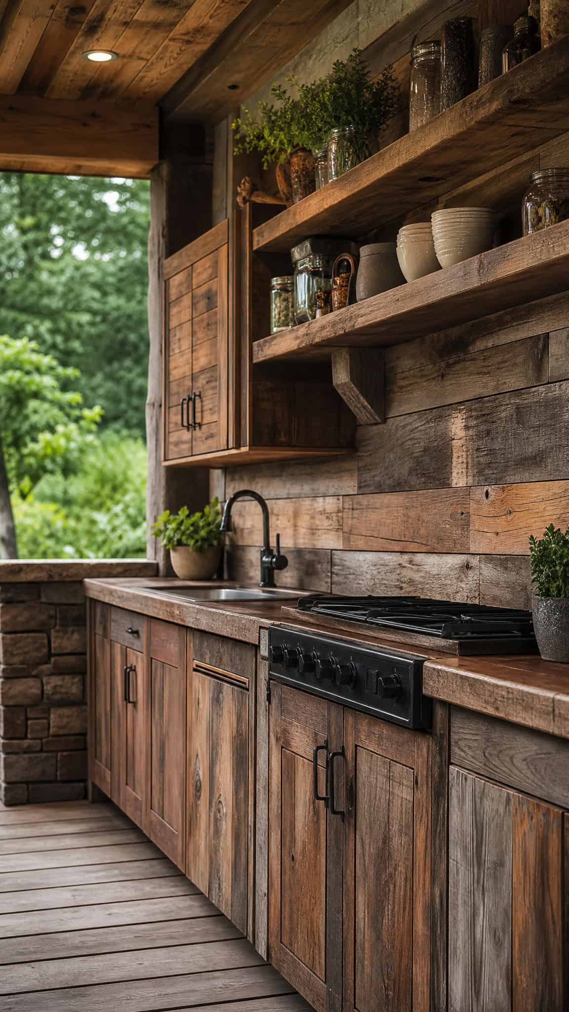 Reclaimed Wood Cabinets with Open Shelving